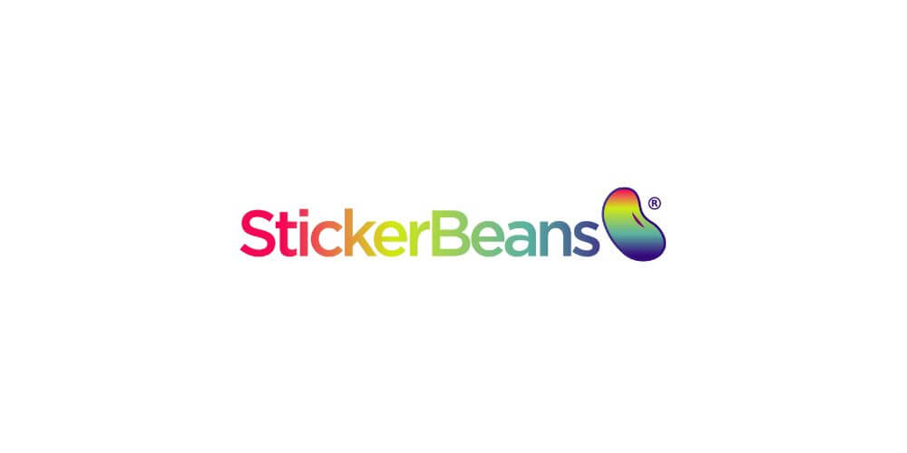 StickerBeans logo featured in rainbow colors with the iconic bean at the end.