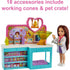 18 accessories are included with the Barbie Chelsea Doll and Pet Vet Playset as well as working cones and a pet crate