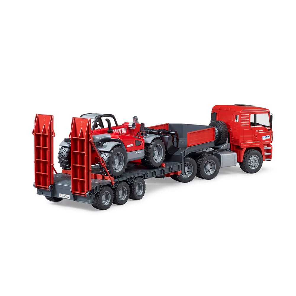 Bruder Pro Series MAN TGA truck with low loader trailer and Manitou telehandler