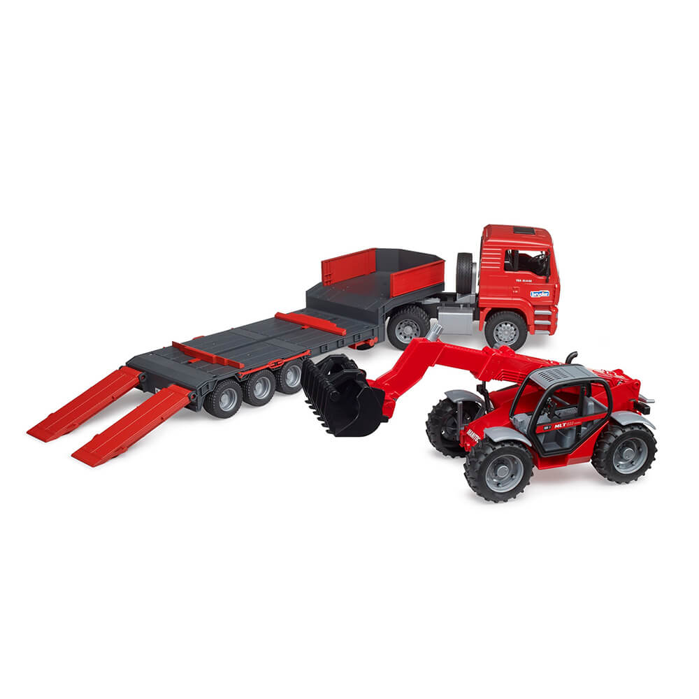 Bruder Pro Series MAN TGA truck with low loader trailer and Manitou telehandler