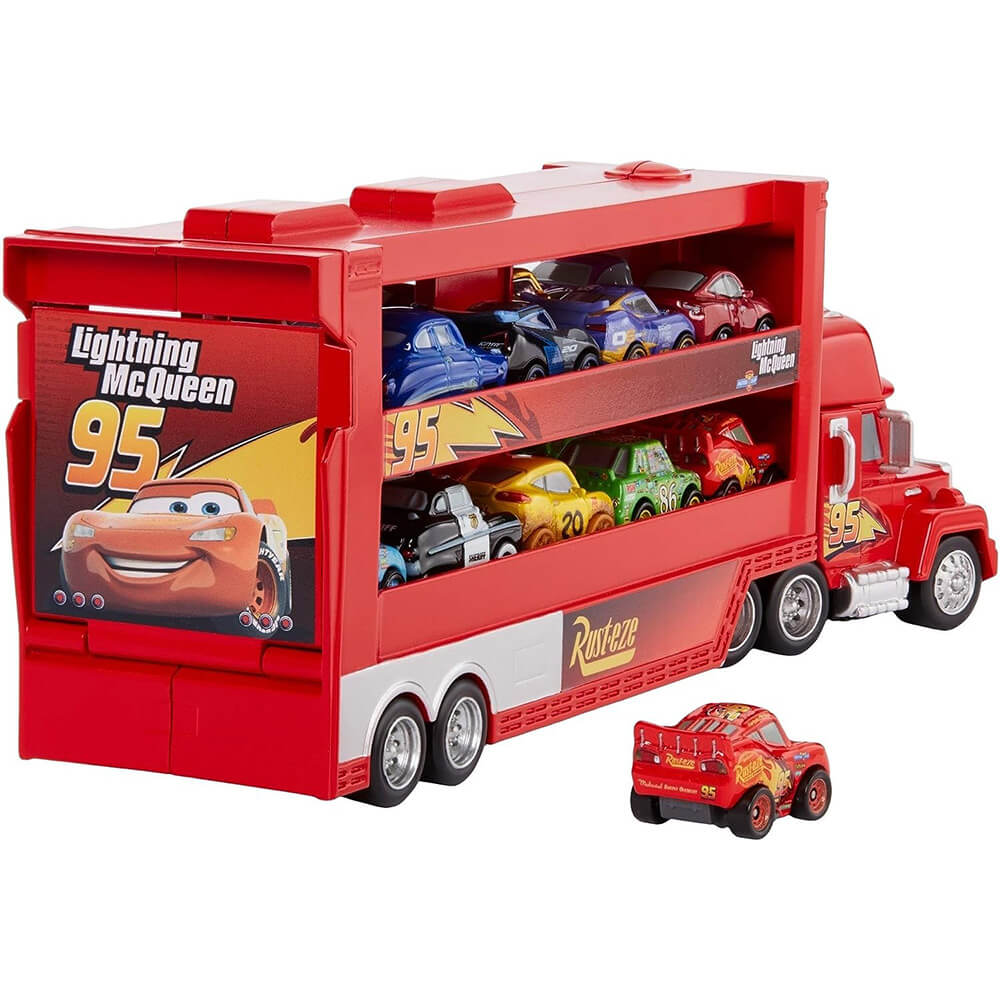 Disney Pixar Cars Mack Mini Racers Hauler back view when full of the Disney Pixar Cars Mack Mini Racers Hauler