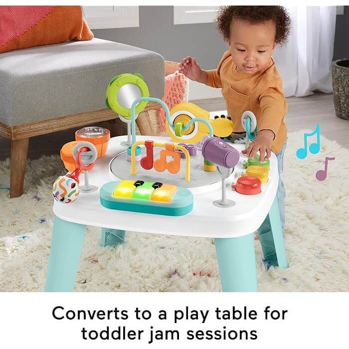 Converts to a play table for toddler jam sessions