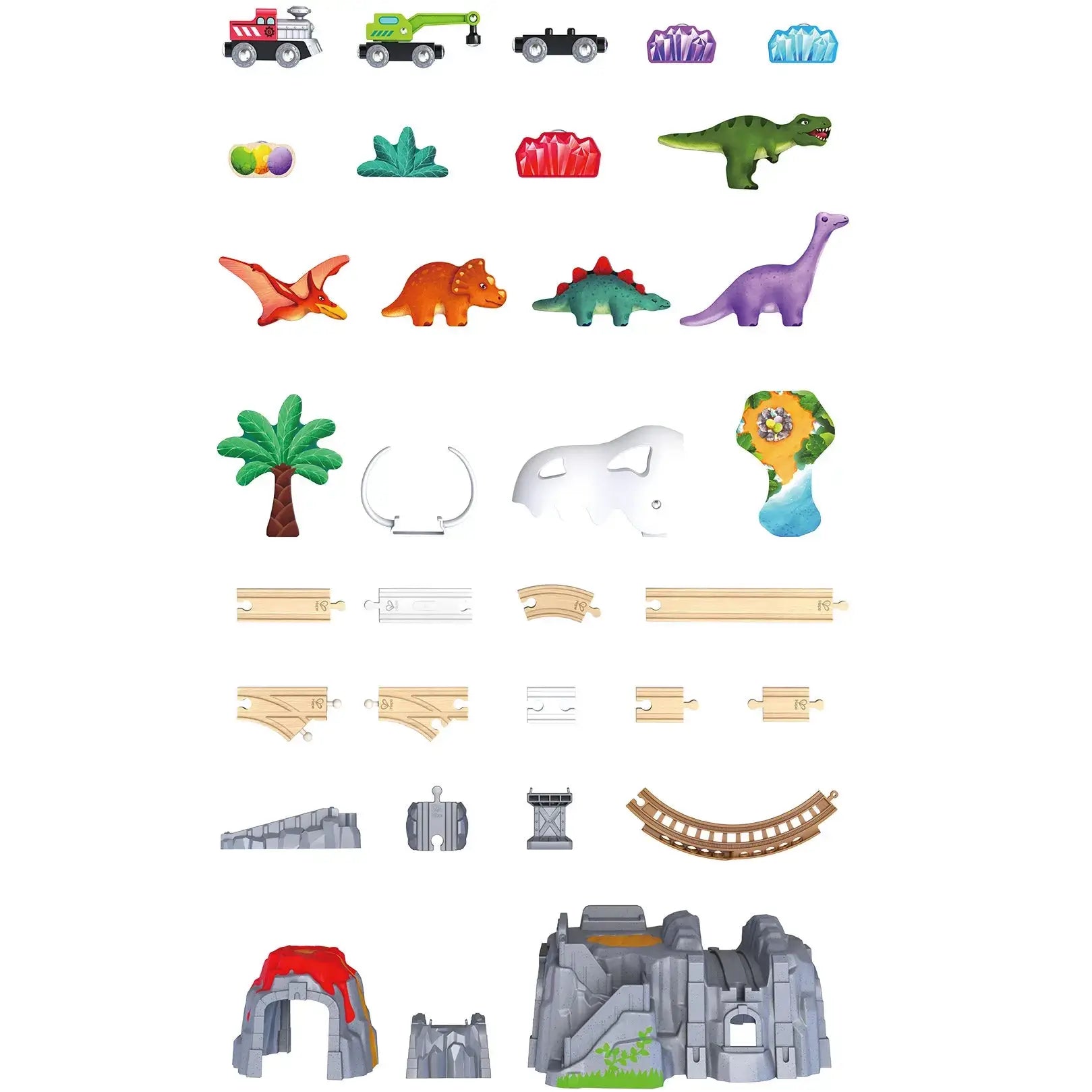 Included parts for the Hape Dinosaur Railway Adventure Train Set