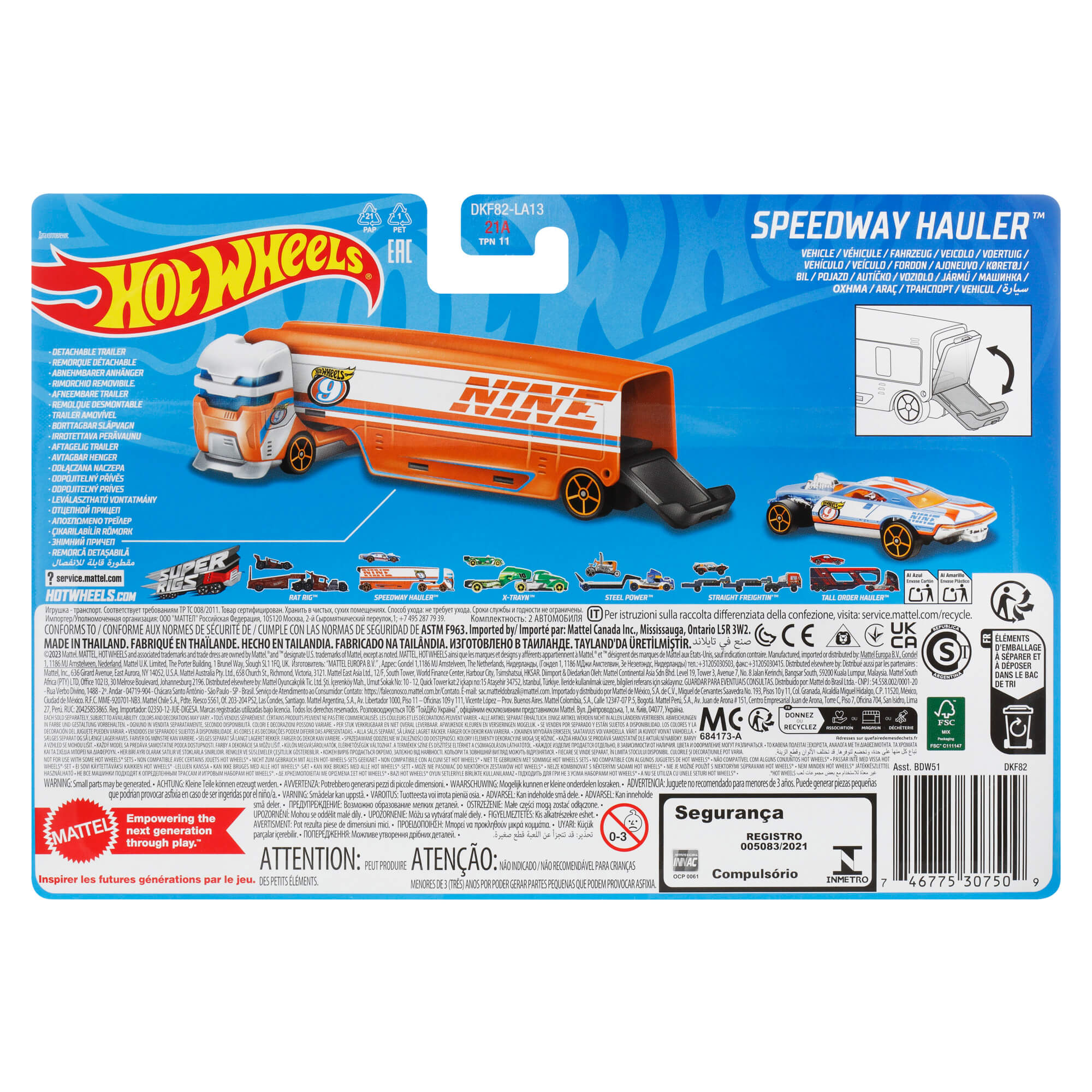 Back of the package for the Hot Wheels Super Rigs Speedway Hauler 1:64 Scale Diecast Vehicle Set