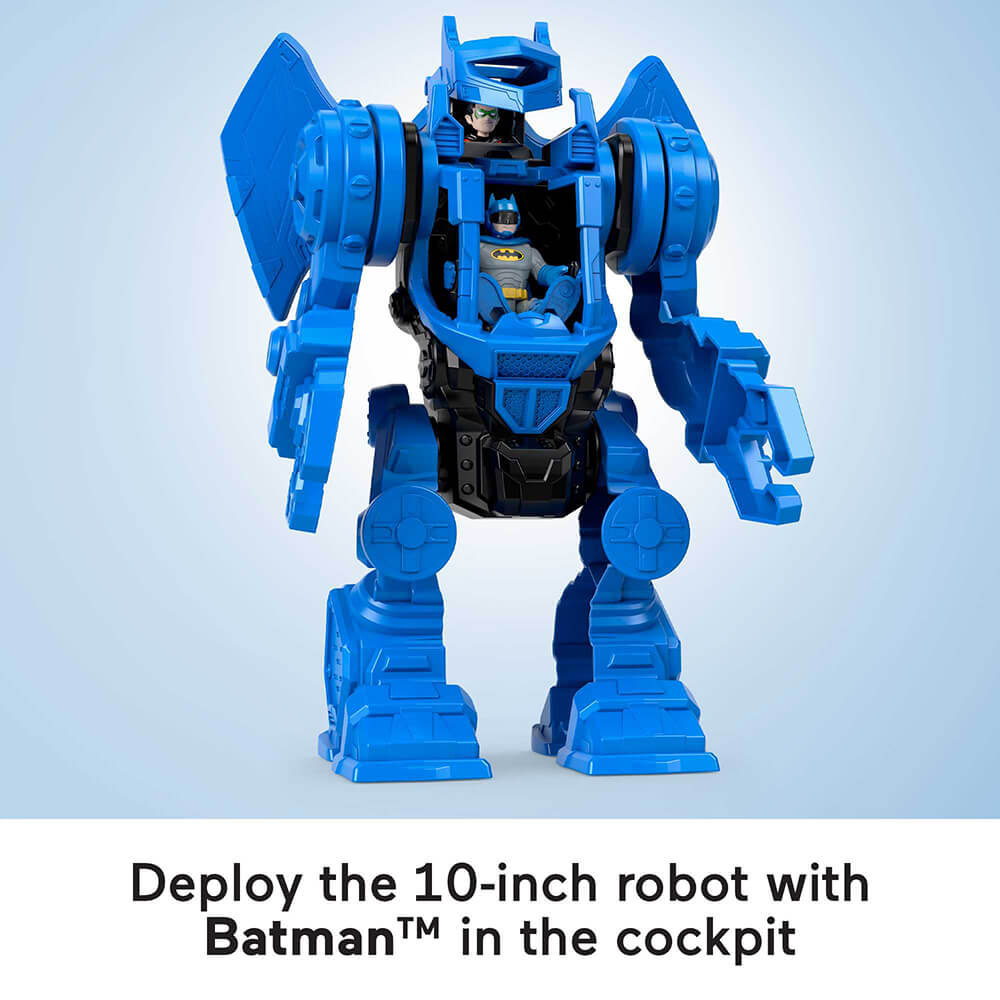 Batman shown in the big blue robot with words saying to deploy the 10 inch robot with Batman in the cockpit of the Imaginext DC Super Friends Batman Robo Command Center Playset