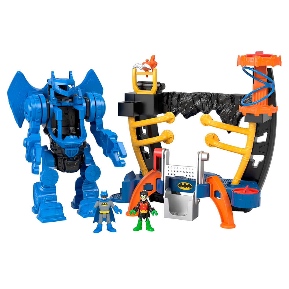 Robot for batman shown next to the commend center of the Imaginext DC Super Friends Batman Robo Command Center Playset