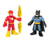 Flash holding his lightning rod and facing Batman