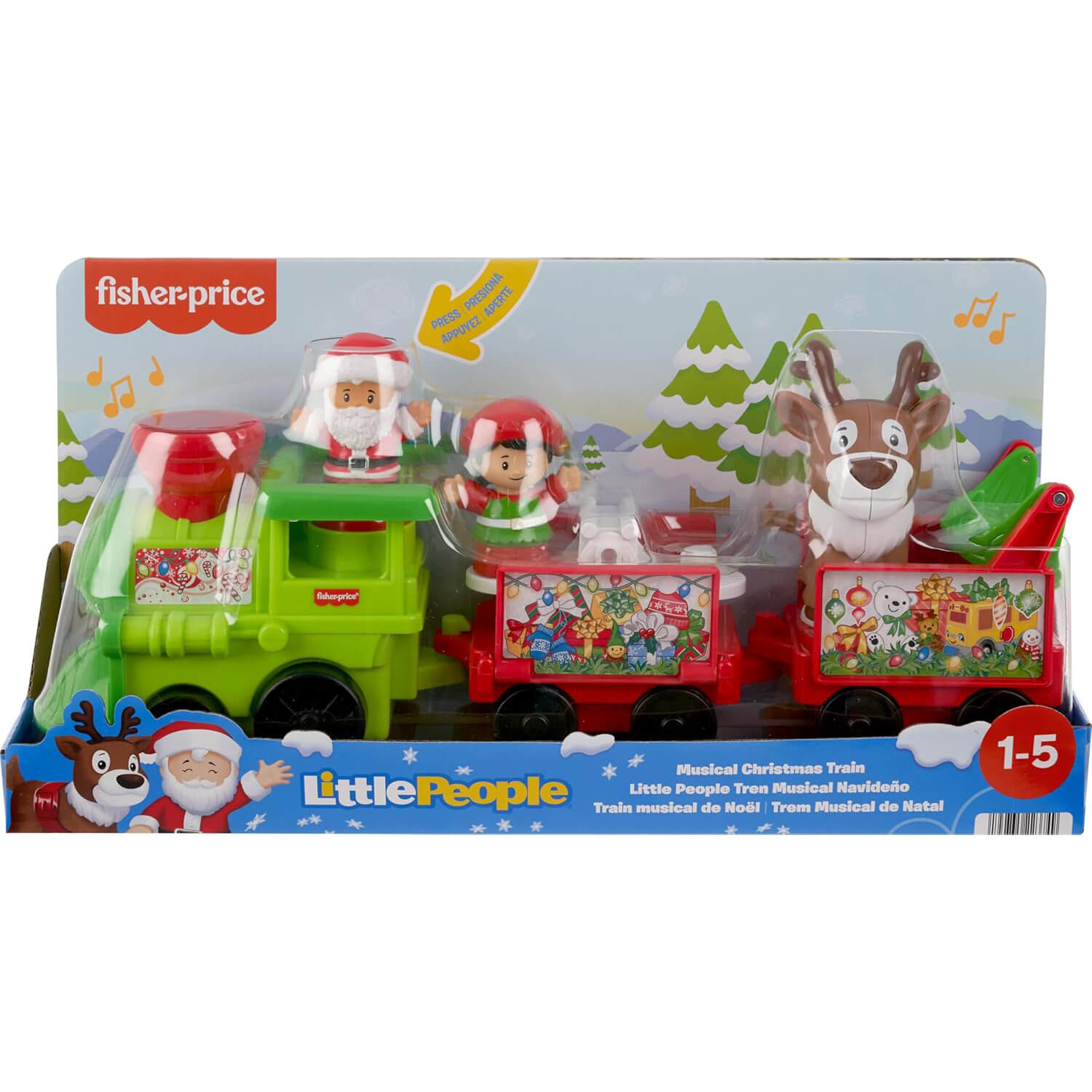 Little People Musical Christmas Train Toddler Toy with Santa Elf & Reindeer Figures packaging