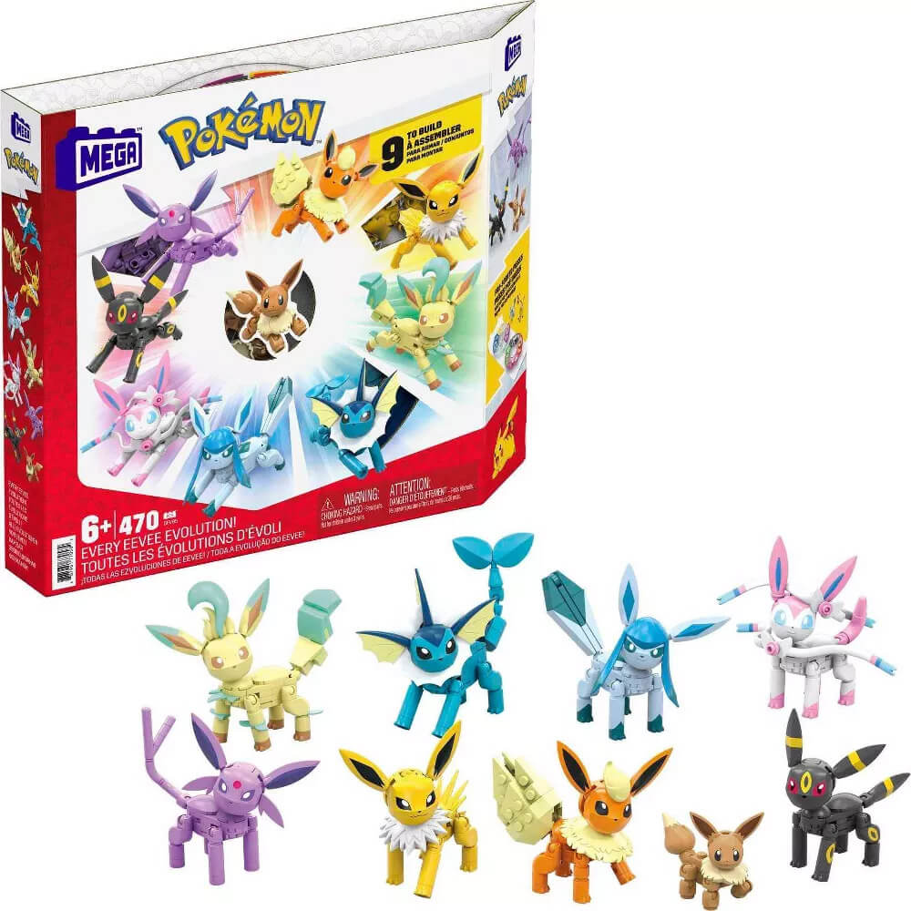 MEGA Construx Pokémon Every Eevee Evolution! 470 Piece Building Set packaging and figures