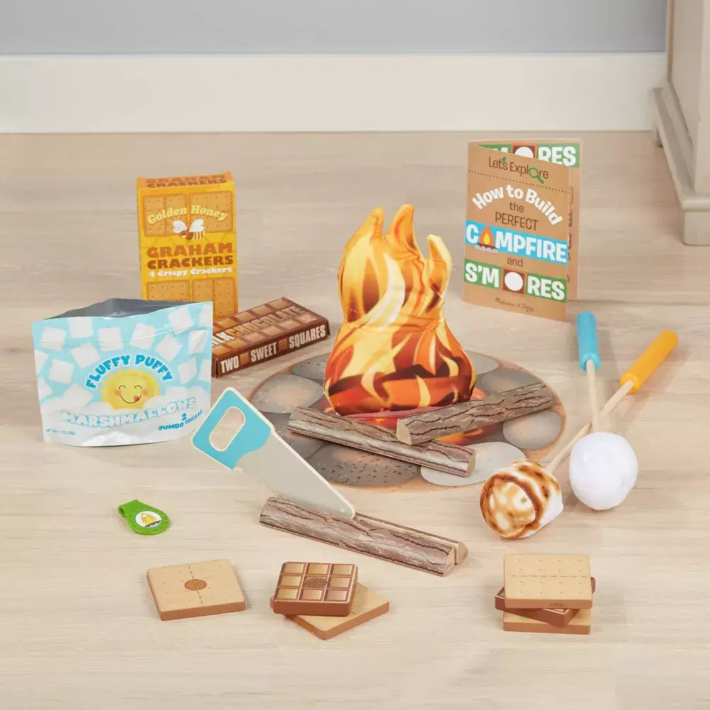 Lifestyle image on how to use the Melissa and Doug Let's Explore Campfire S'Mores Play Set