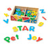 The words star, pet, and joy spelled out with the Melissa and Doug Wooden Letter Alphabet Magnets.  Also showing the box to store them in with leftover letters