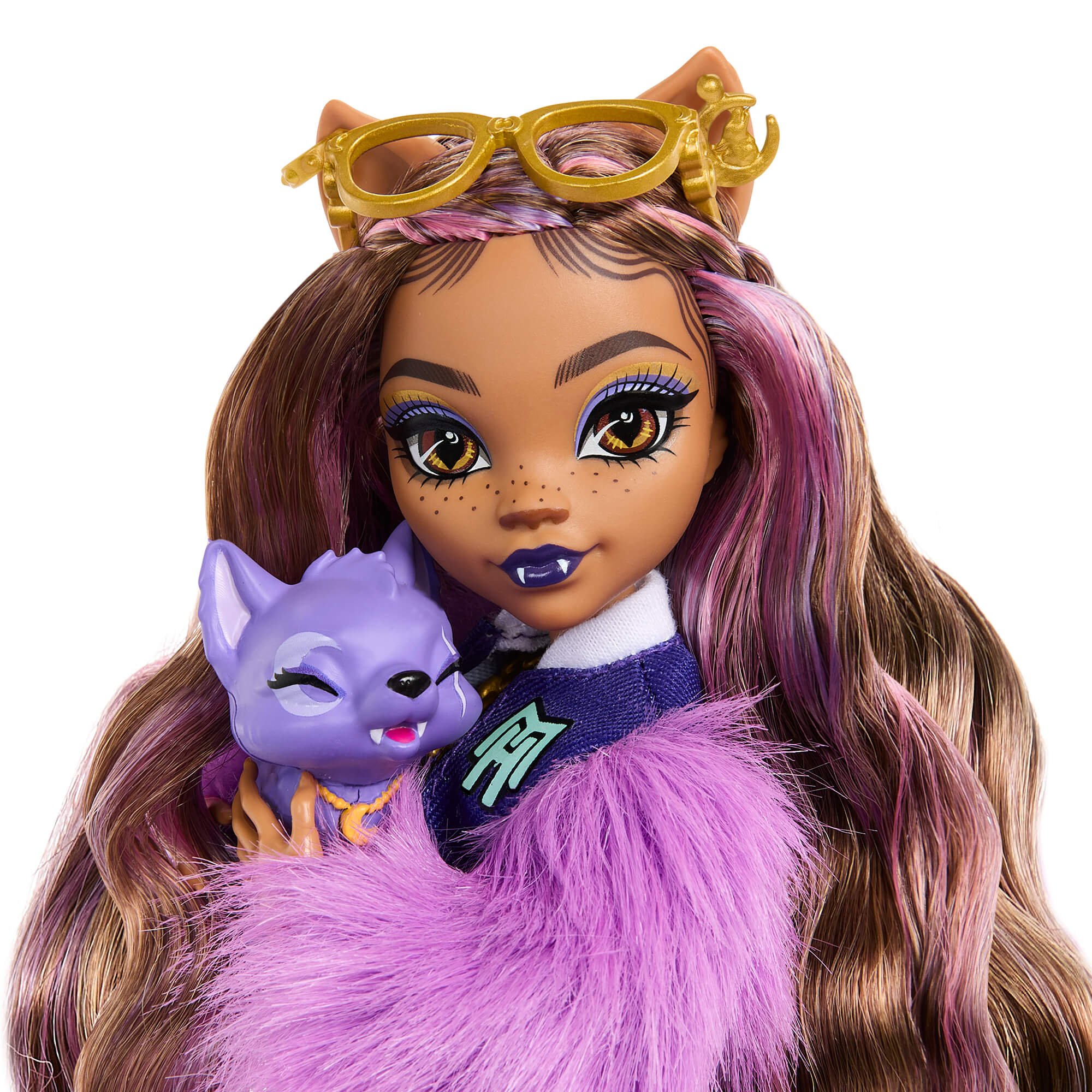 Closeup of the Monster High Clawdeen Wolf Fashion Doll With Pet Dog Crescent And Accessories