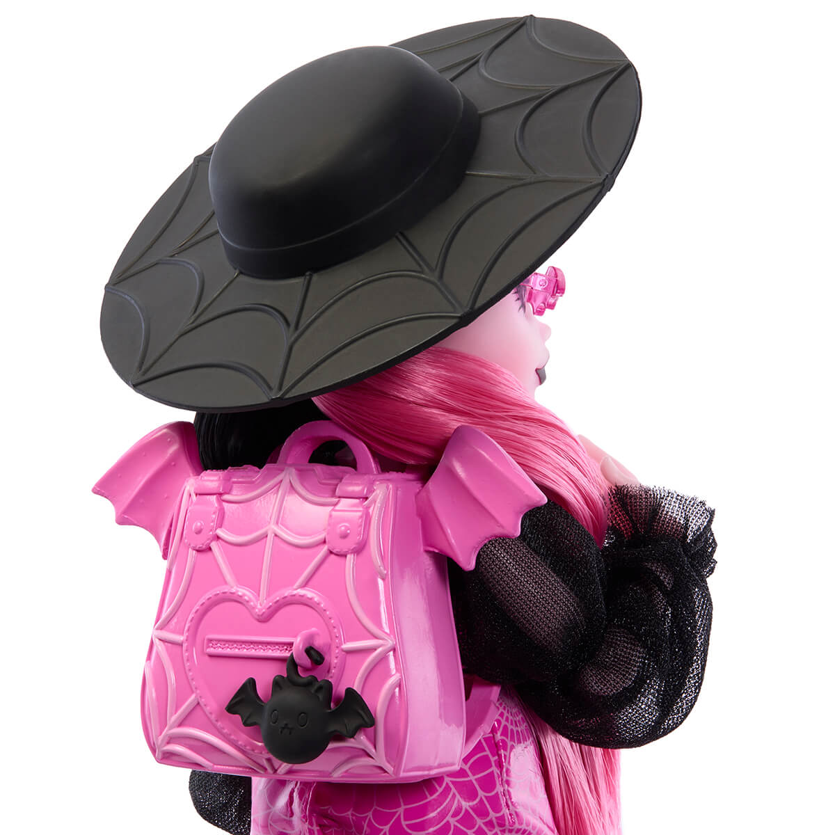 Closeup from behind of Draculaura, featuring her webbed backpack