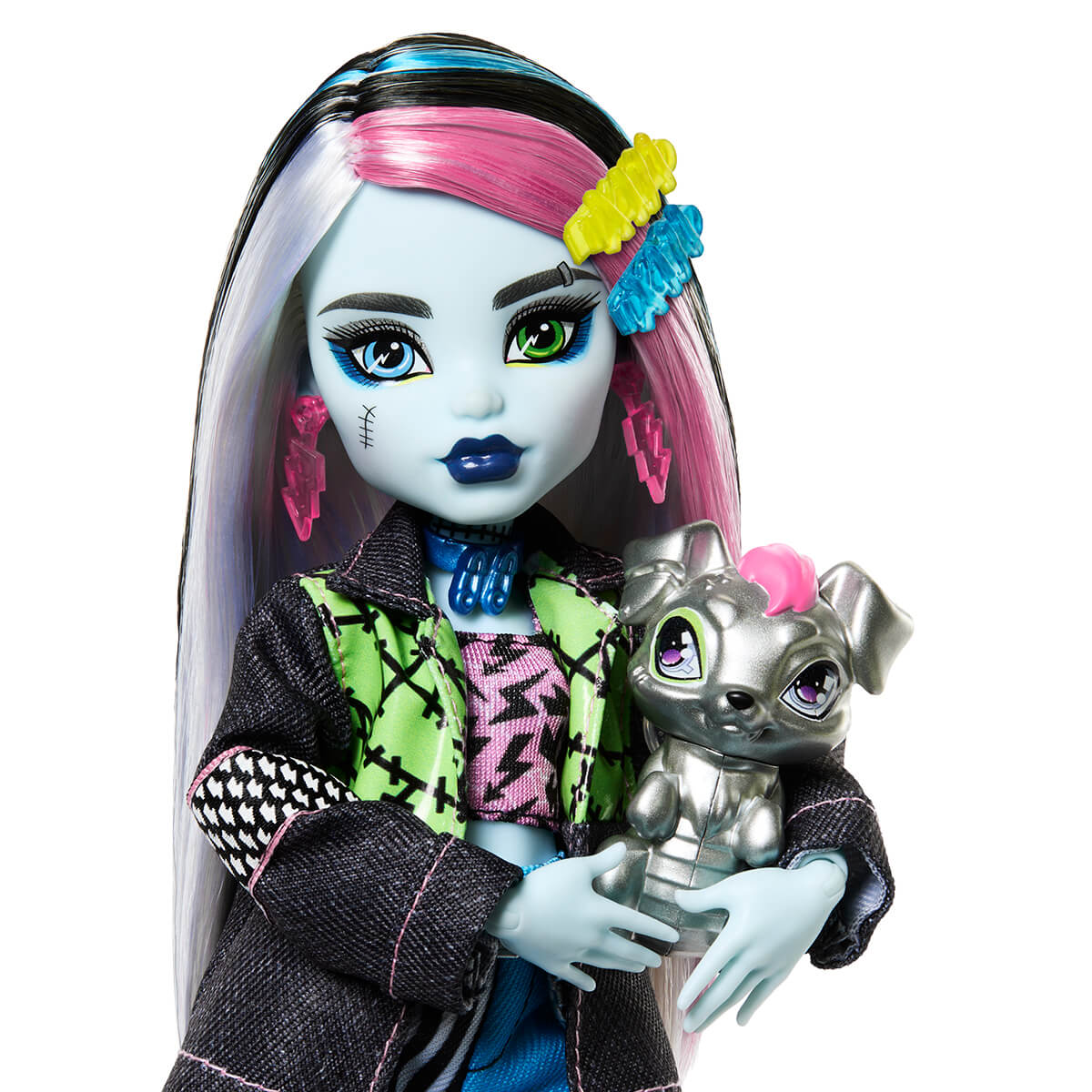 Closeup of Frankie Stein doll and pet.