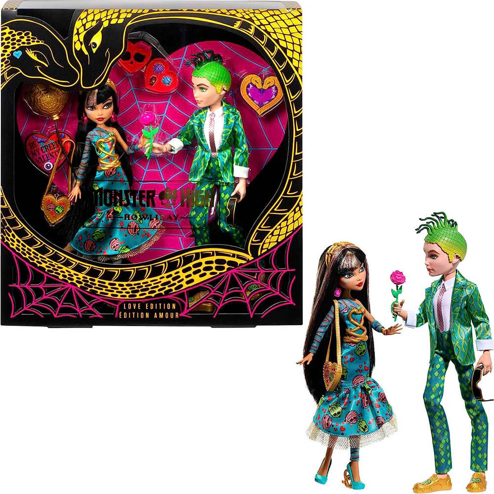 Monster High Howliday Love Edition Cleo de Nile and Deuce Gorgon Doll Set package and dolls