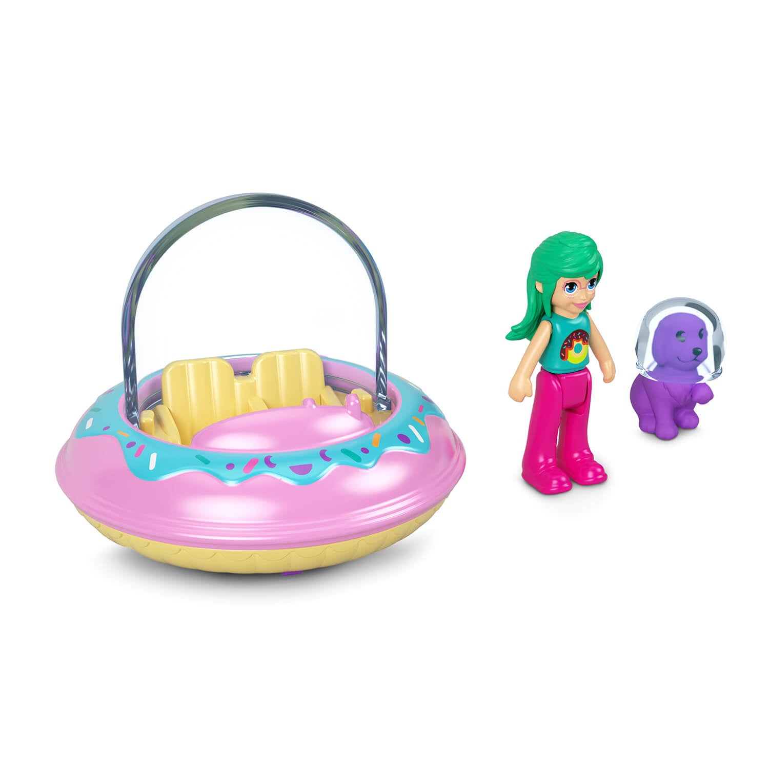 Polly Pocket Mini Donut UFO and Purple Puppy (with Space Helmet) Sidekick