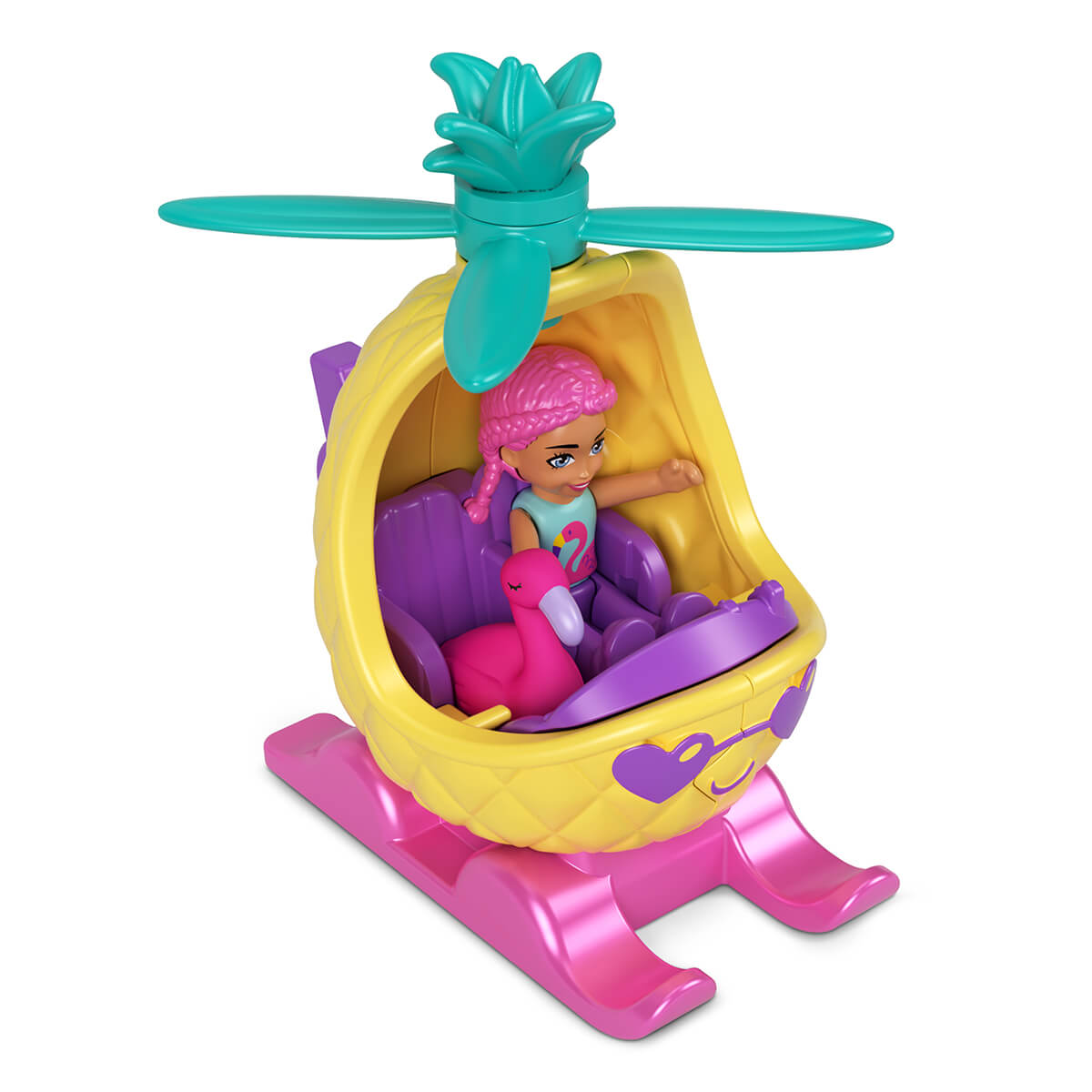 Flamingo and Polly Pocket riding in the helicopter