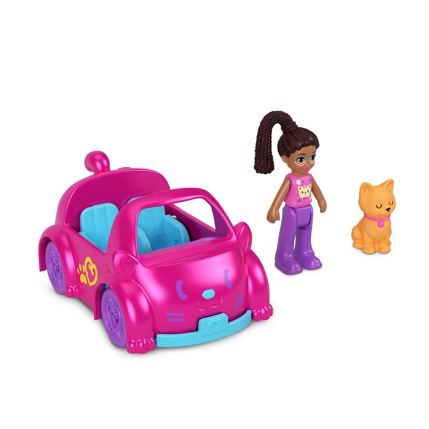 Polly Pocket Mini Shani with Hot Pink Kitty Convertible Car and Orange Cat Sidekick