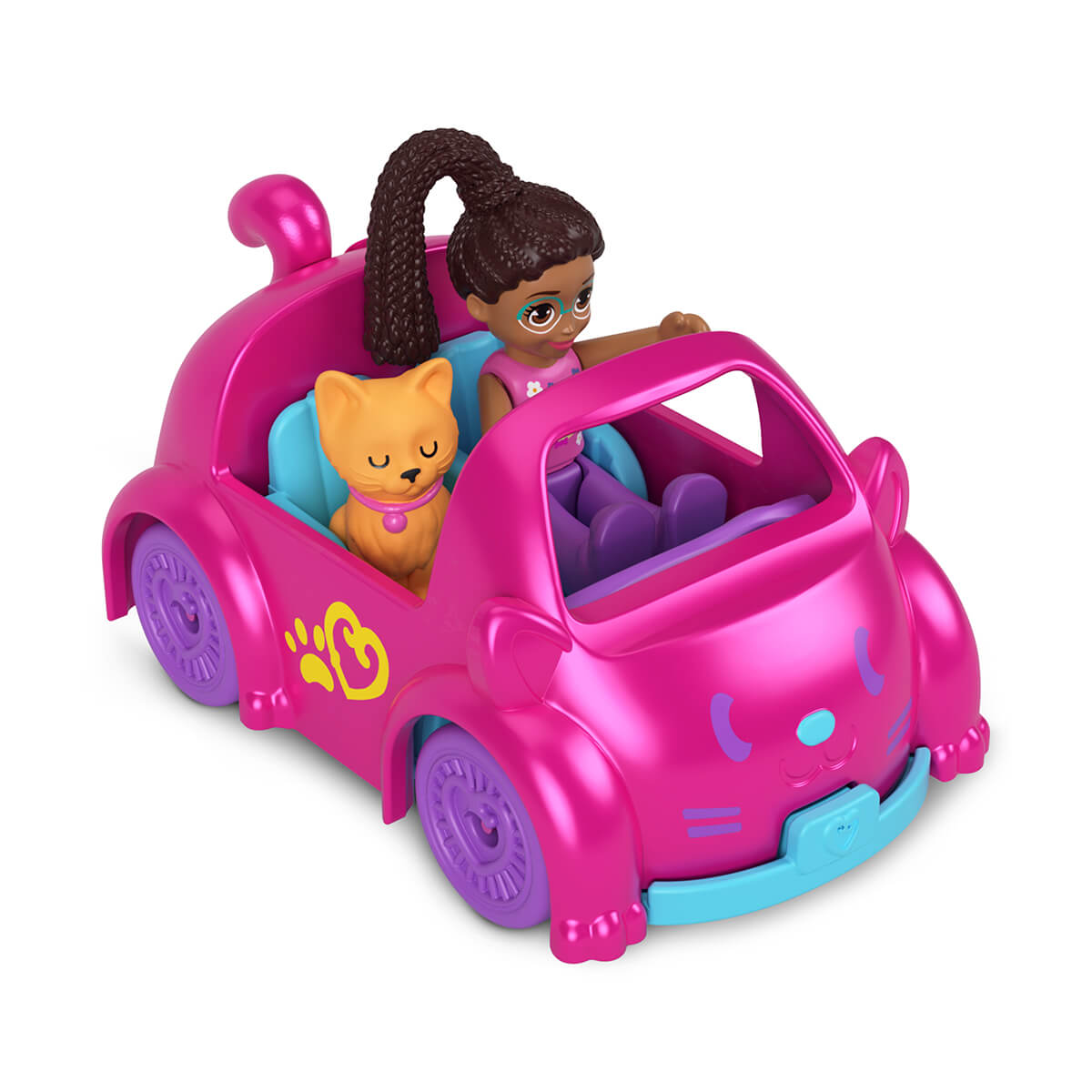 Polly Pocket and cat riding in convertible