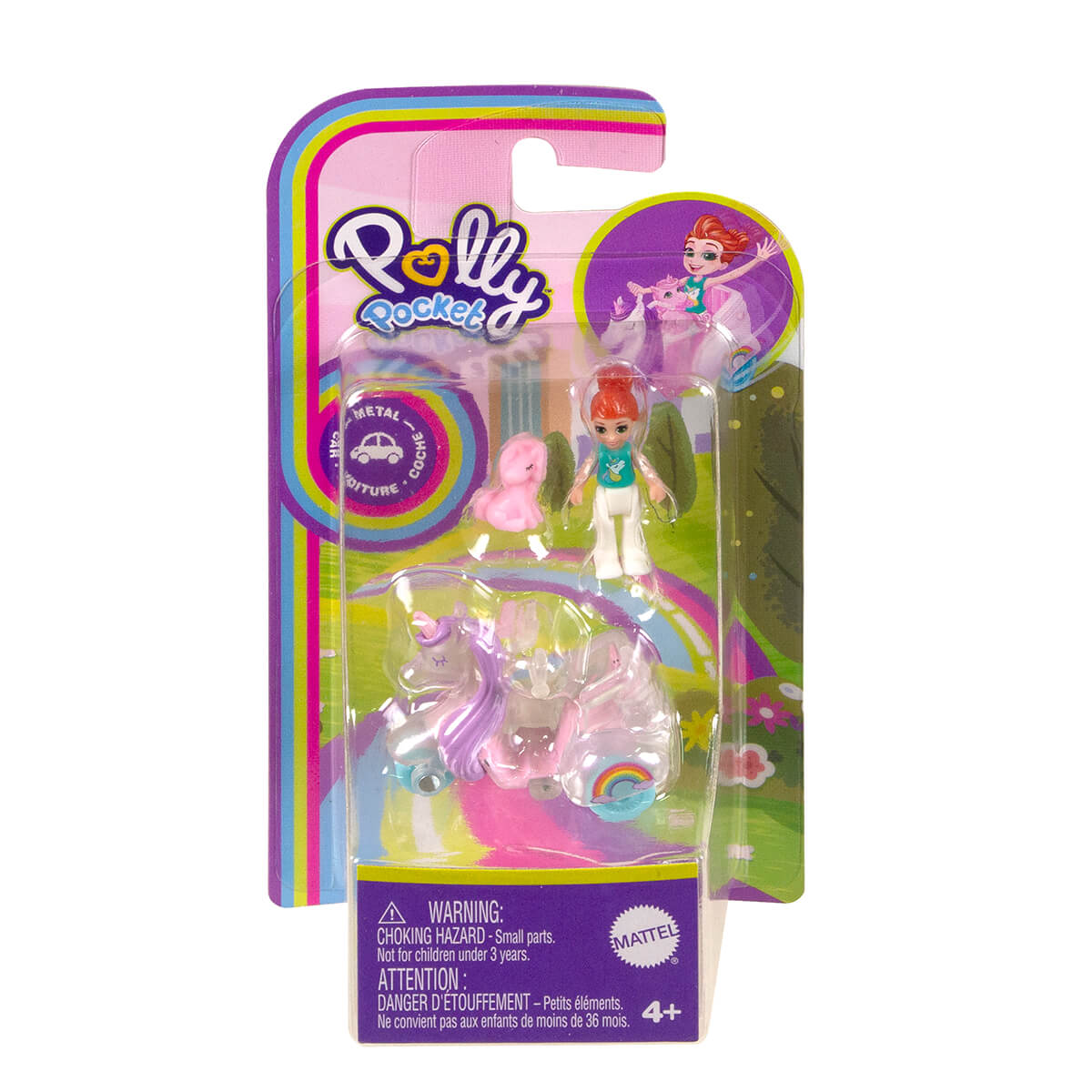 Package for the Polly Pocket Mini Unicorn 3 Wheel Scooter and Pink Unicorn Sidekick