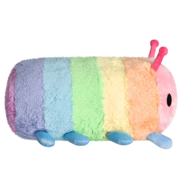 Side view of the Squishable Mini Rainbow Caterpillar Plush showing off it's many colors