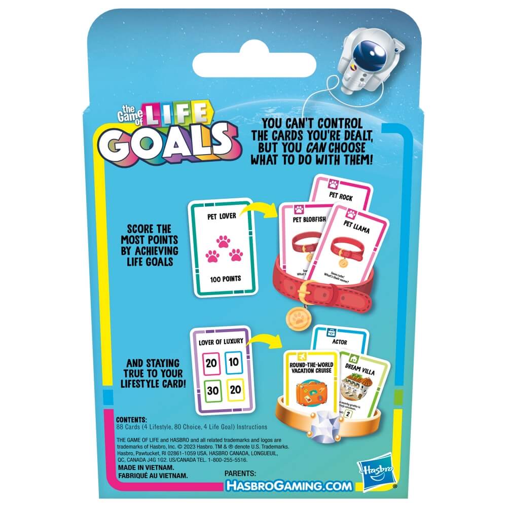 Back of the The Game of Life Goals Card Game package