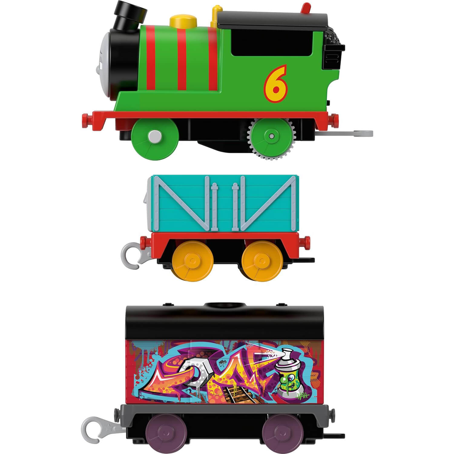 Thomas & Friends Graffiti Percy Motorized Toy Train Engine with Cargo Cars pieces