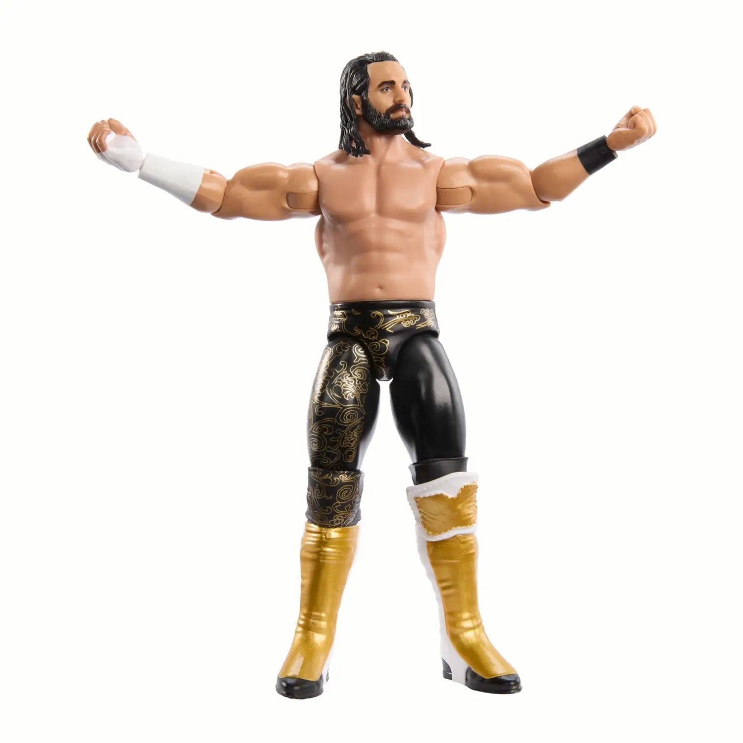 The WWE Main Event Seth "Freakin" Rollins Action Figure posed with his arms spread out wide