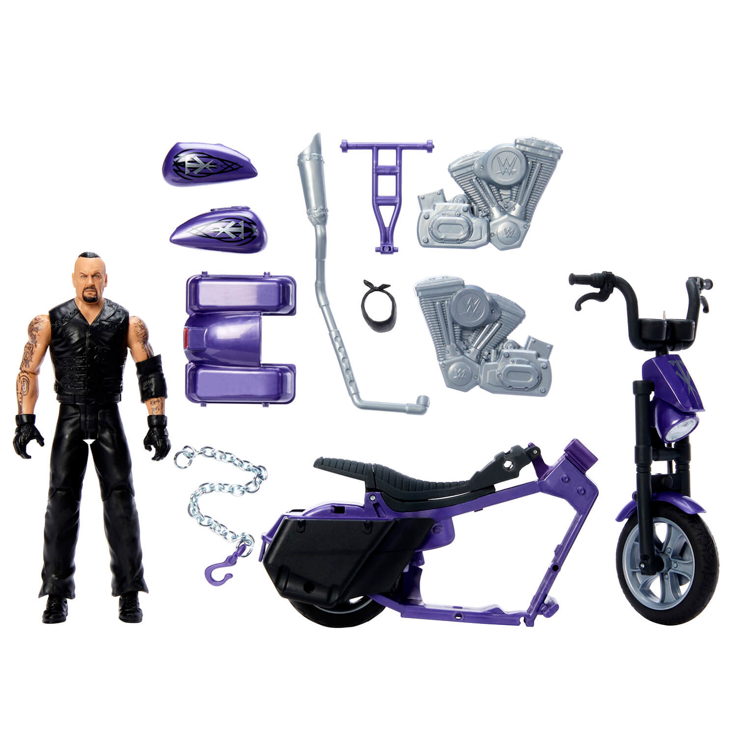 Parts included with the WWE Wrekkin' Undertaker Boneyard Slamcycle Action Figure Set