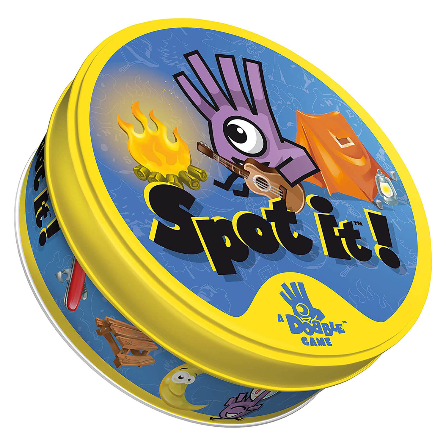 Front view of Spot It! Camping Game in Tin package.