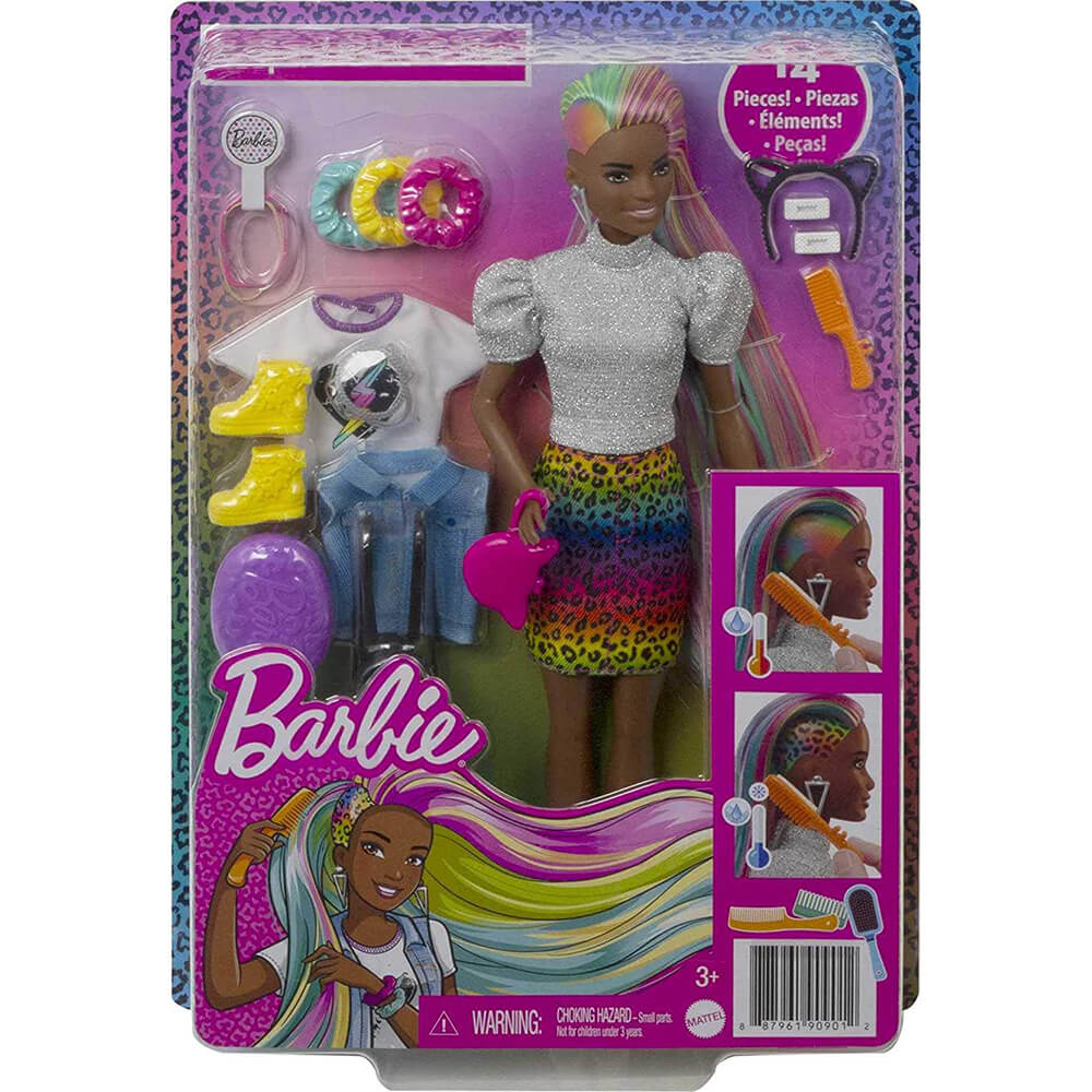 Barbie Leopard Rainbow Hair Doll Wearing Animal Print Skirt