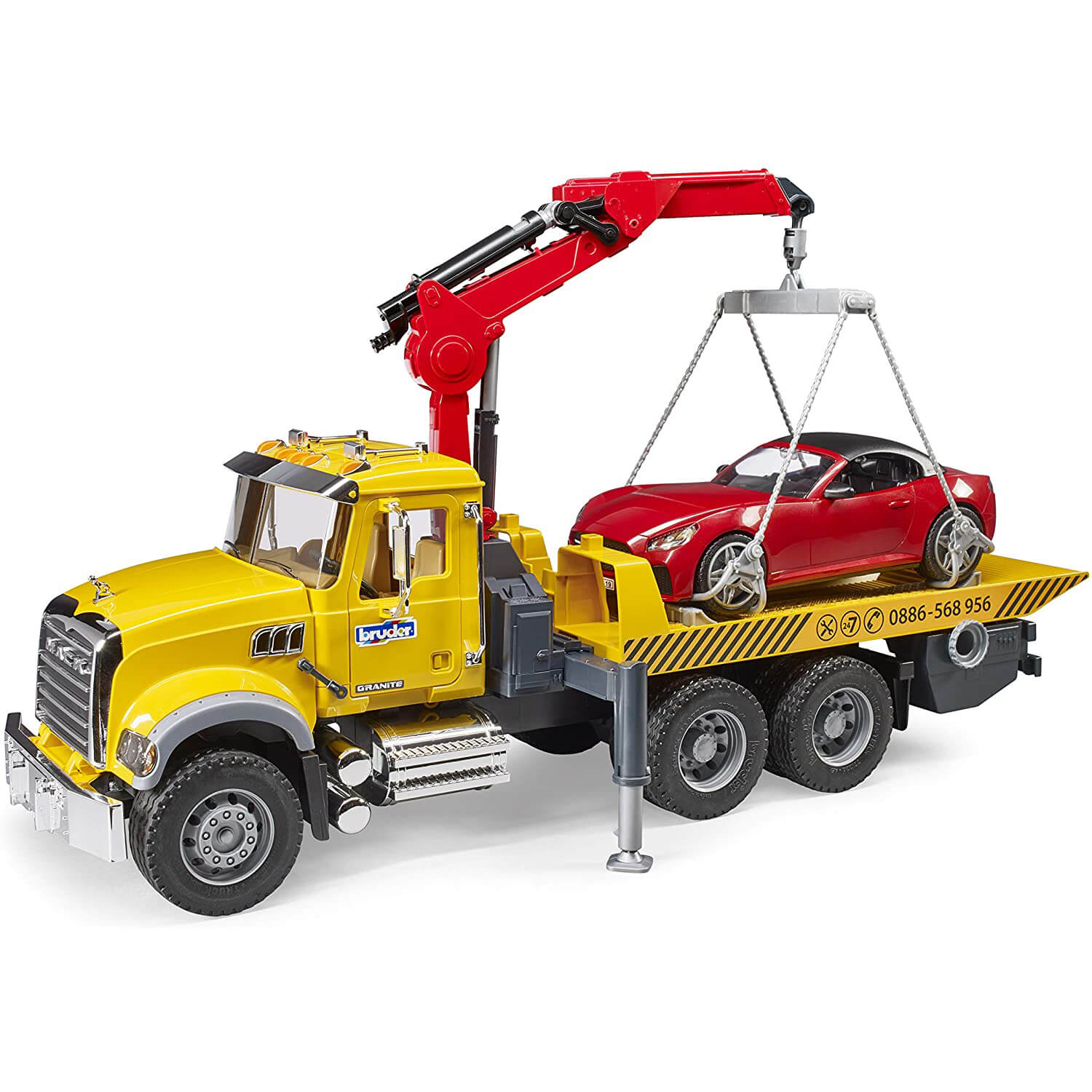 Bruder Pro Series MACK Granite Tow Truck with Bruder Roadster 1:16 Scale Vehicle