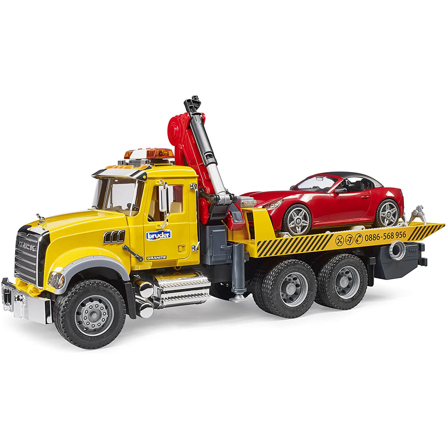 Bruder Pro Series MACK Granite Tow Truck with Bruder Roadster 1:16 Scale Vehicle