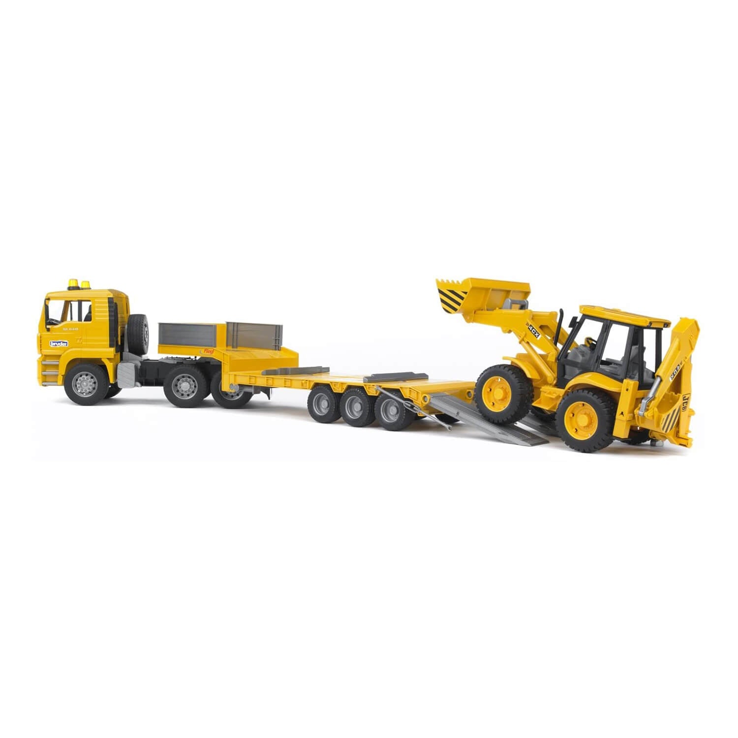 Side view of the Bruder Pro Series 1:16 Scale MAN TGA Low Loader Truck w JCB Loader.