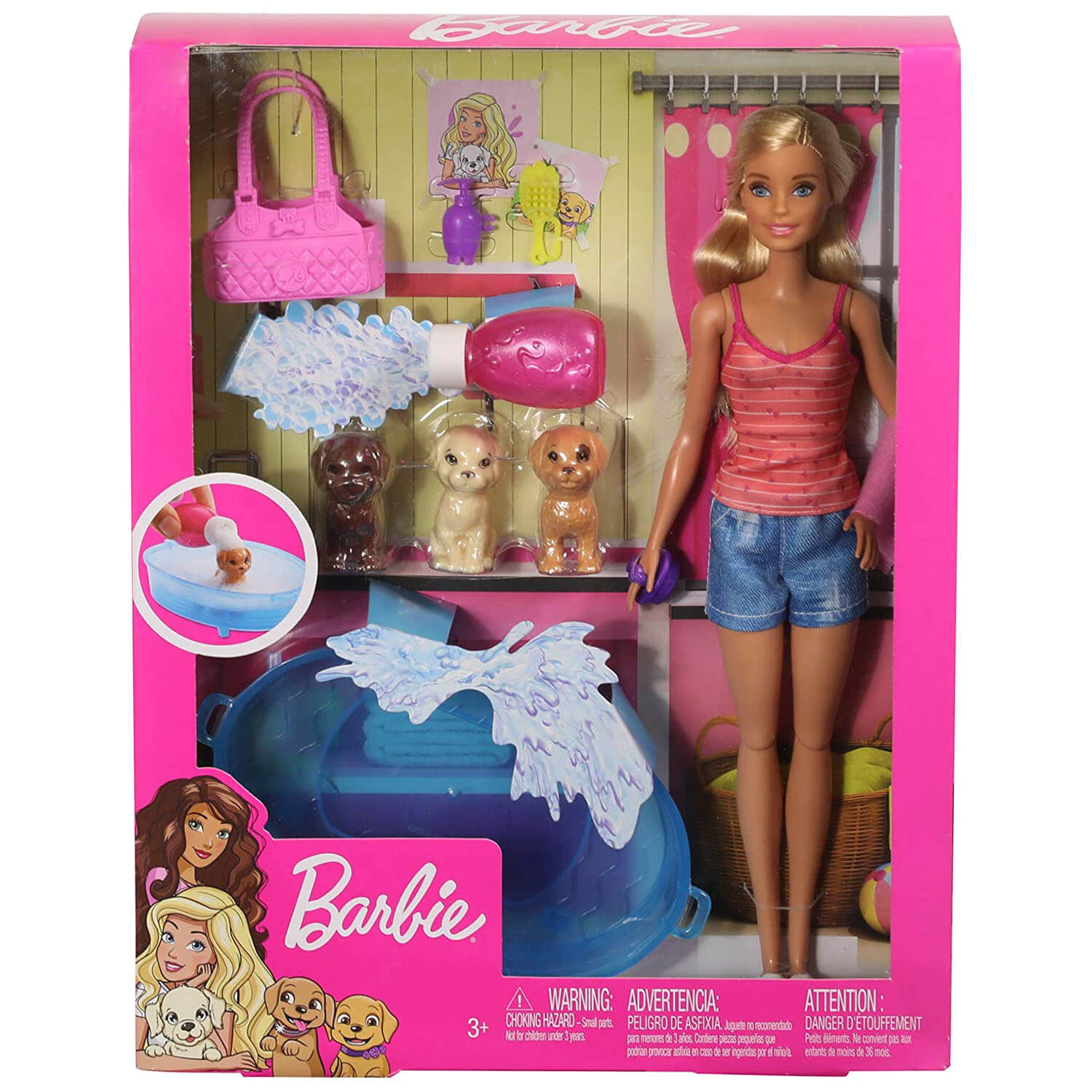 Front view of the Barbie Doll With Pets and Accessories package.